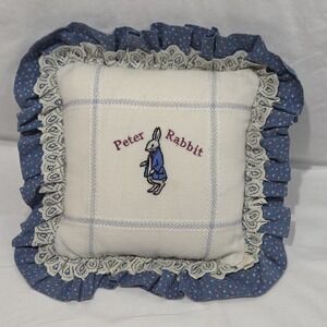 Peter Rabbit Throw Pillow Nursery Blue Cream Calico EXCELLENT Floral Lace 14"